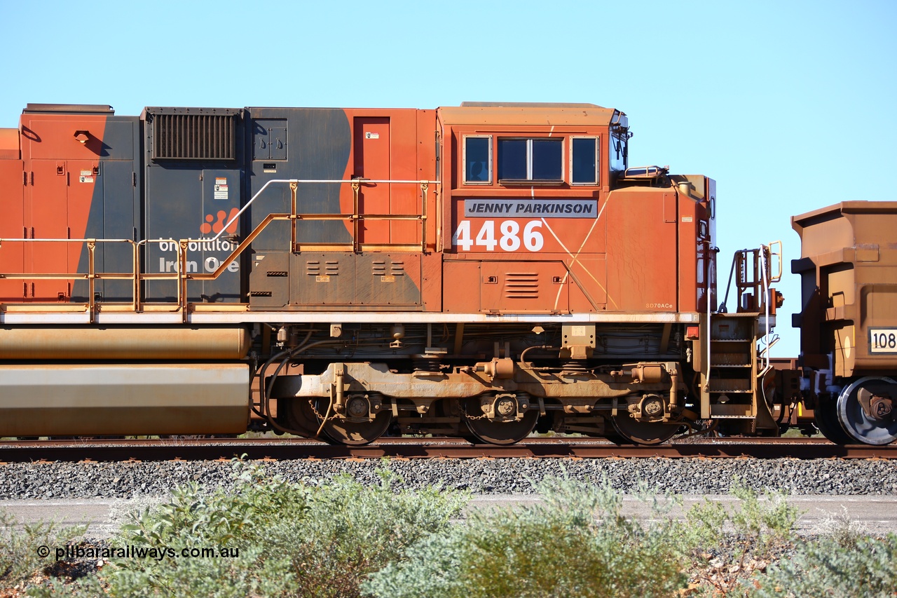 180615 1497
Mooka Yard, cab side of named BHP's Progress Rail built EMD SD70ACe unit 4486 'Jenny Parkinson' serial 20148001-019. 15th June 2018.
Roland Depth photo.
Keywords: 4486;Progress-Rail-USA;EMD;SD70ACe;20148001-019;