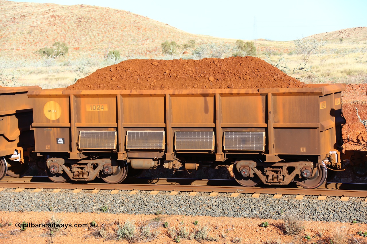 180616 1662
Cooya Pooya, instrumented ore waggon 1024, a Bradken built 'J' waggon with a build date from January 2006. The solar panels are mounted along each side. 16th June, 2018.
Keywords: 1024;Bradken-NSW;J-series;