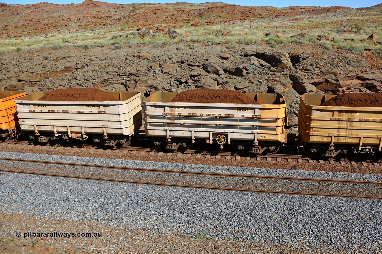 180616 1791
At the 81 km, loaded Bradken China built B series 'master' waggon 20238 with 'slave' waggon 25238, build date April 2013, leading and setup as an instrumented ore waggon, the solar panels are for charging the instrument batteries.
Keywords: 20238;25238;Bradken-China;B-series;