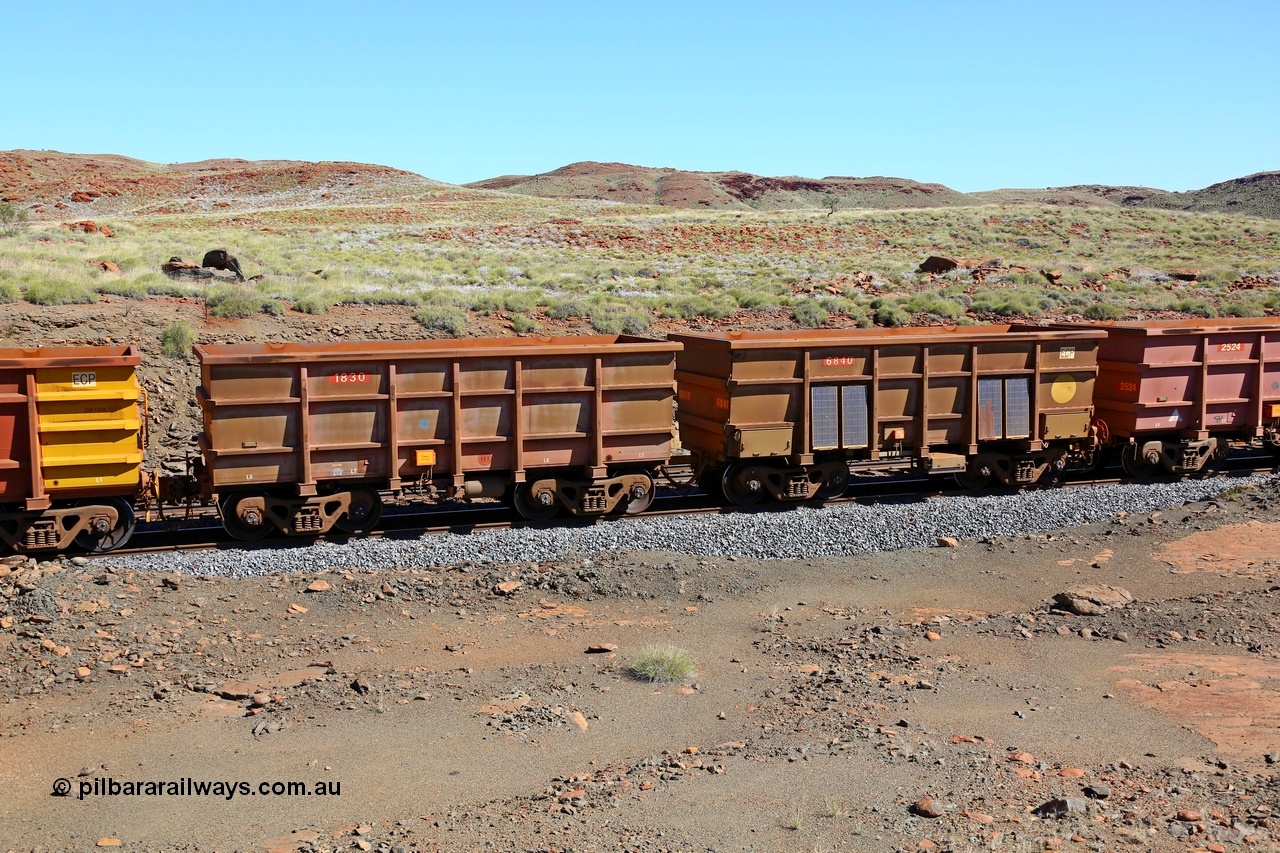 180616 1826
Emu Siding, Bradken NSW built S series ore waggon pair 1830 'master' and 6840 'slave' with HI ownership marks setup as an instrumented ore waggon pair, seen here in an empty train. 16th June 2018.
Keywords: 1830;6840;Bradken-NSW;S-series;