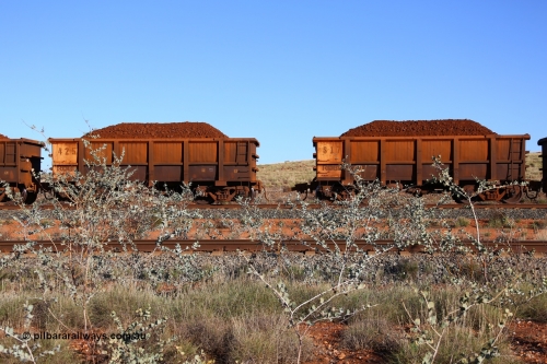 180616 1674
Cooya Pooya, located just south of the 32 km post, a loaded Mesa A train waggon 817, a Centurion Industries WA build, has managed to pull the coupler completely out of waggon 425 a Tomlinson Steel WA built waggon. 16th June 2018. [url=https://goo.gl/maps/dEMxLMGEknr]GeoData[/url].
Photo by Roland Depth.
Keywords: 817;J-series;Centurion-Industries-WA;Robe-ore-waggon;