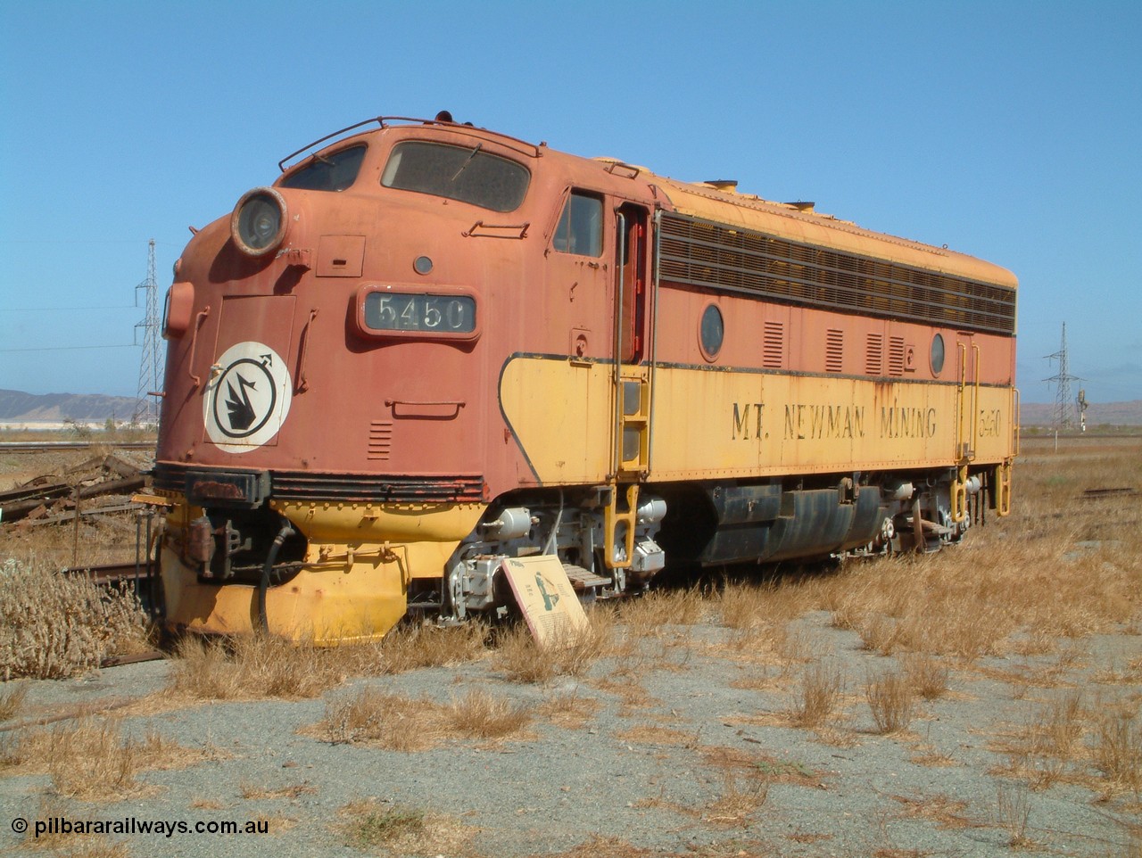 050109 092857
Pilbara Railways Historical Society, 5450 a USA built EMD model F7A serial 8970 and frame 3006-A9, built Jan-1950 for Western Pacific Railroad as 917-A, imported for the Mt Newman Mining Co. to construct their Port Hedland to Newman railway in December 1967. 9th October 2005.
Keywords: 5450;EMD;F7A;8970;917-A;3006-A9;