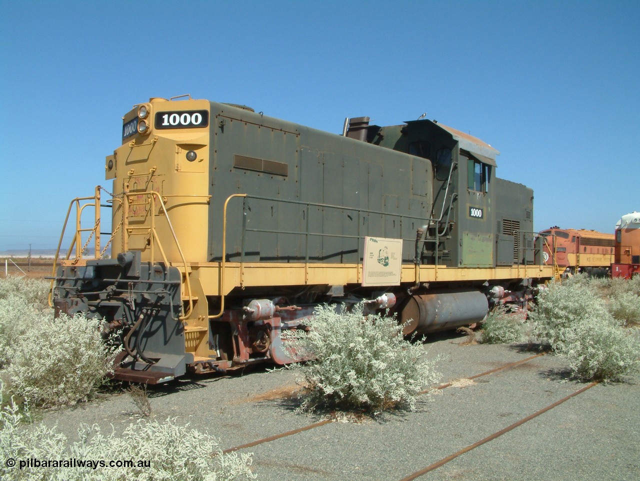 050109 093001
Pilbara Railways Historical Society, former ALCo built demonstrator locomotive model C-415 serial 3449-1 built Apr-1966, currently carrying number 1000, it was originally numbered 008 when Hamersley Iron purchased the unit in 1968. It was retired from service on the 24th February 1982. It then spent some time carrying number 2000 while building the Marandoo railway line from Sept 1991. 9th October 2005.
Keywords: 1000;ALCo;C-415;3449-1;008;2000;