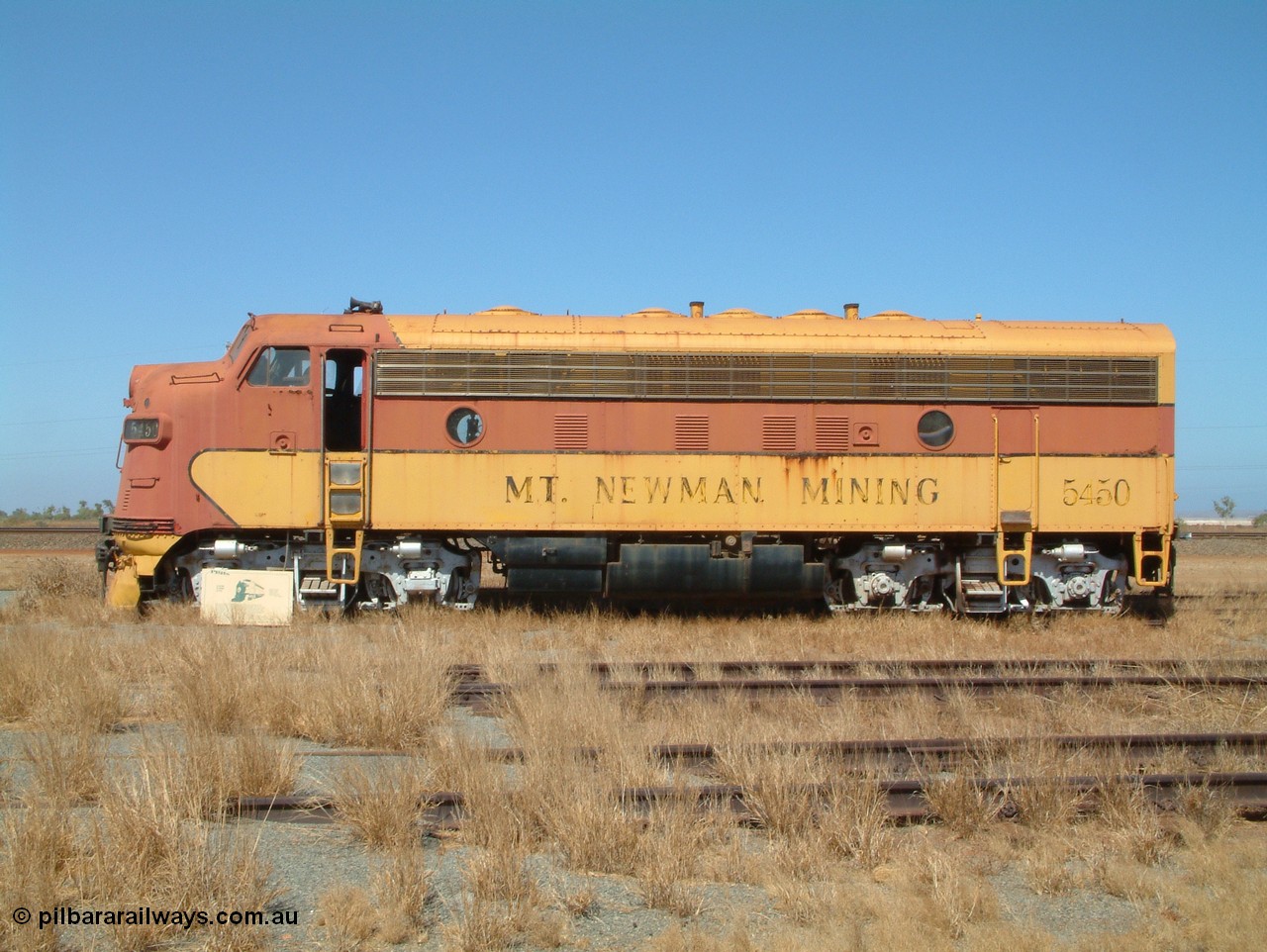 050109 093234
Pilbara Railways Historical Society, side view of 5450, a USA built EMD model F7A locomotive serial 8970, frame 3006-A9 built Jan-1950 for Western Pacific Railroad as 917-A, imported for the Mt Newman Mining Co. to construct their Port Hedland to Newman railway in December 1967. 9th October 2005.
Keywords: 5450;EMD;F7A;8970;917-A;3006-A9;