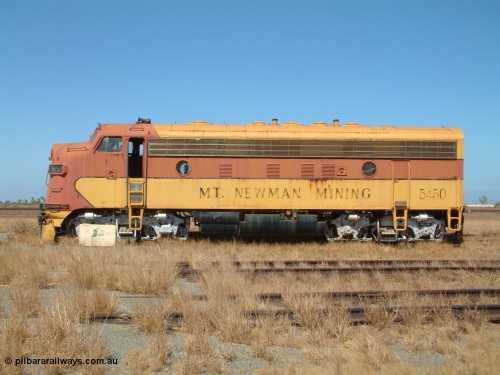 050109 093234
Pilbara Railways Historical Society, side view of 5450, a USA built EMD model F7A locomotive serial 8970, frame 3006-A9 built Jan-1950 for Western Pacific Railroad as 917-A, imported for the Mt Newman Mining Co. to construct their Port Hedland to Newman railway in December 1967. 9th October 2005.
Keywords: 5450;EMD;F7A;8970;917-A;3006-A9
