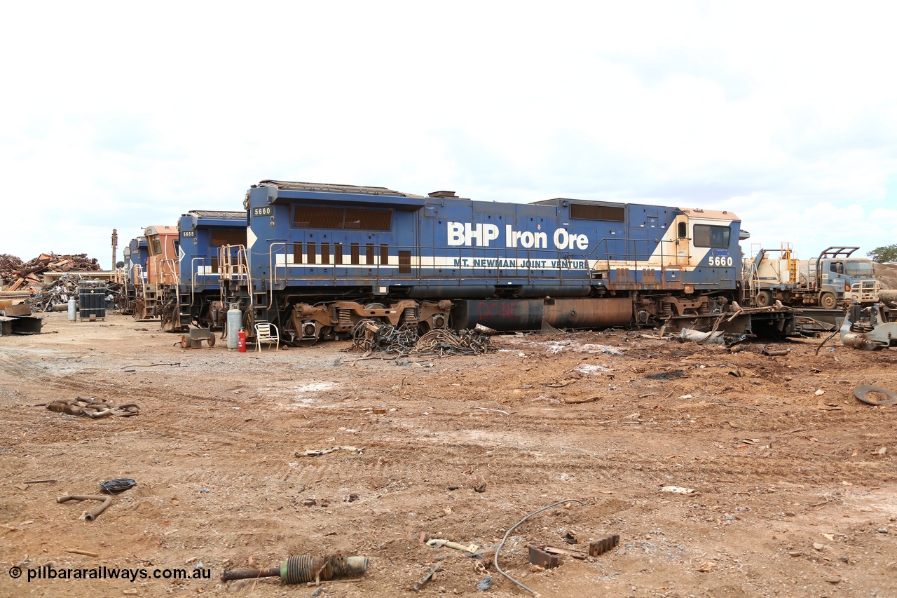 160128 00385
Wedgefield, Sims Metal yard, Goninan rebuild CM40-8M 5660 serial 8412-05/94-151 surrounded by remains and sibling units.
Keywords: 5660;Goninan;GE;CM40-8M;8412-05/94-151;rebuild;AE-Goodwin;ALCo;M636C;5478;G6047-10;