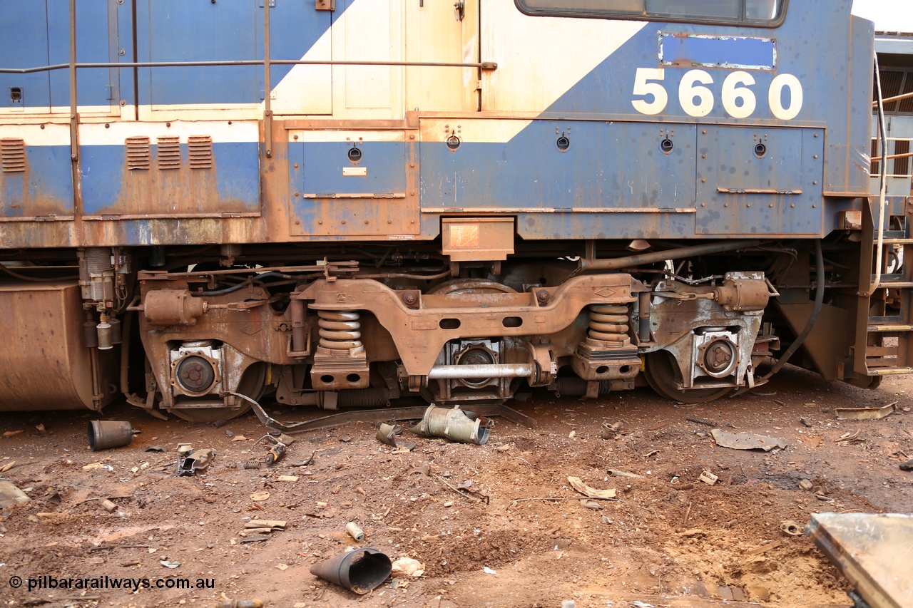 160128 00403
Wedgefield, Sims Metal Yard, drivers side cab view of the ALCo Hi-Ad bogie with external secondary coil suspension of the original M636 unit 5478.
Keywords: 5660;Goninan;GE;CM40-8M;8412-05/94-151;rebuild;AE-Goodwin;ALCo;M636C;5478;G6047-10;