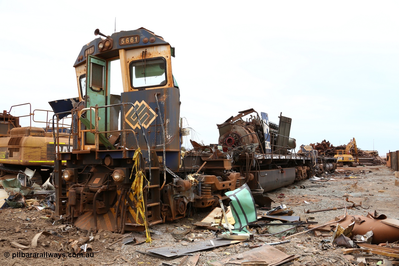 160128 00878
Wedgefield, Sims Metal Yard, a view down the side of Goninan rebuilt GE model CM40-8M unit 5661, serial 8412-06, builders no. 94-152, a sharp eye will see that this frame was a Comeng built ALCo M636, while behind it is an AE Goodwin built ALCo M636 frame.
Keywords: 5661;Goninan;GE;CM40-8M;8412-06/94-152;rebuild;Comeng-NSW;ALCo;M636C;5488;C6084-4;