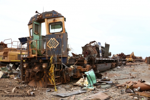 160128 00878
Wedgefield, Sims Metal Yard, a view down the side of Goninan rebuilt GE model CM40-8M unit 5661, serial 8412-06, builders no. 94-152, a sharp eye will see that this frame was a Comeng built ALCo M636, while behind it is an AE Goodwin built ALCo M636 frame.
Keywords: 5661;Goninan;GE;CM40-8M;8412-06/94-152;rebuild;Comeng-NSW;ALCo;M636C;5488;C6084-4;