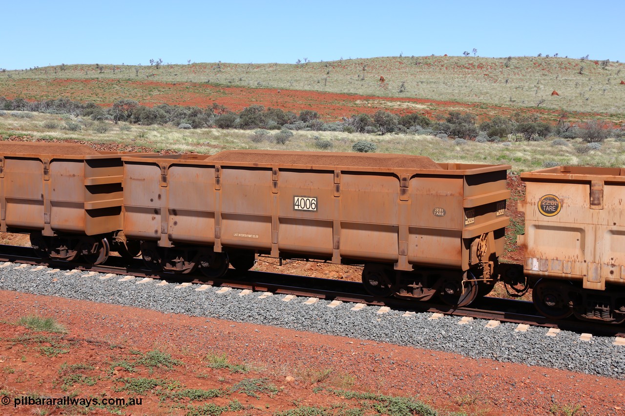 150505 7979
FMG Solomon Line, waggon 4006, tare weight of 22 tonnes, built in 2009 by CSR Yangtze Rolling Stock Co. Ltd, loaded with fines ore. Geodata: [url=https://goo.gl/maps/kUsNTBpDLFk] -22.0187350 118.5850917 [/url].
Keywords: CSR-Yangtze-Rolling-Stock-Co-China;