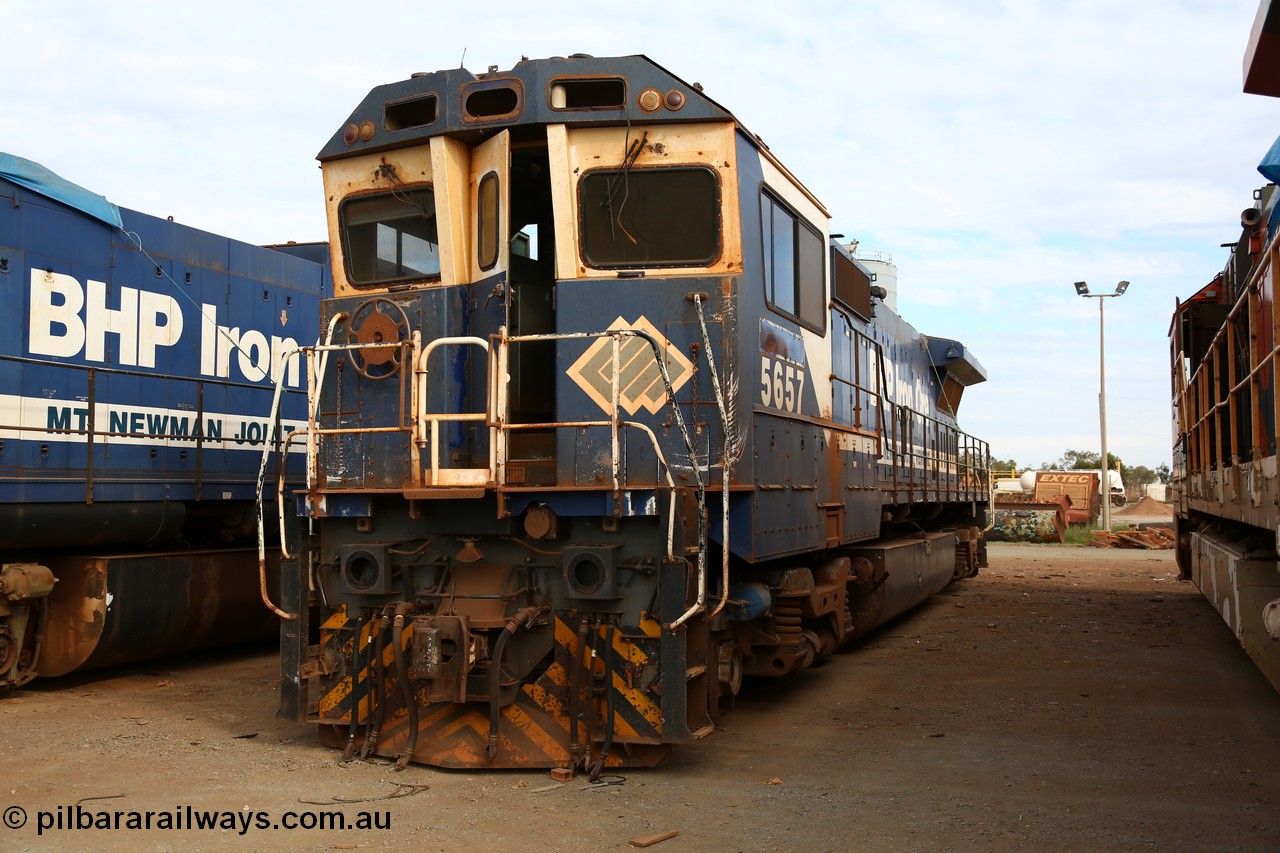 150522 8188
Wedgefield, Sims Metal yard, Goninan WA rebuild CM40-8M unit 5657 serial 8412-02/94-148 awaits the shears. Full details of this unit [url=http://www.pilbararailways.com.au/bhp/loco/bhpb-roster.php] can be seen here [/url].
Keywords: 5657;Goninan;GE;CM40-8M;8412-02/94-148;rebuild;Comeng-NSW;ALCo;M636C;5492;C6084-8;