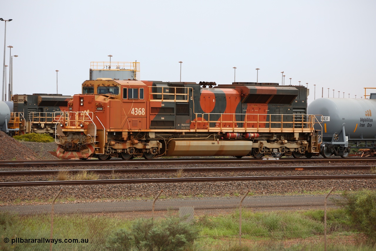 150523 8204
Nelson Point Yard, BHP Billiton SD70ACe unit 4368 is on the fuel tank shunt, is a unit from the last order of eighteen SD70ACe units for BHP Billiton built at Electro-Motive in London Ontario, serial 20098203-013.
