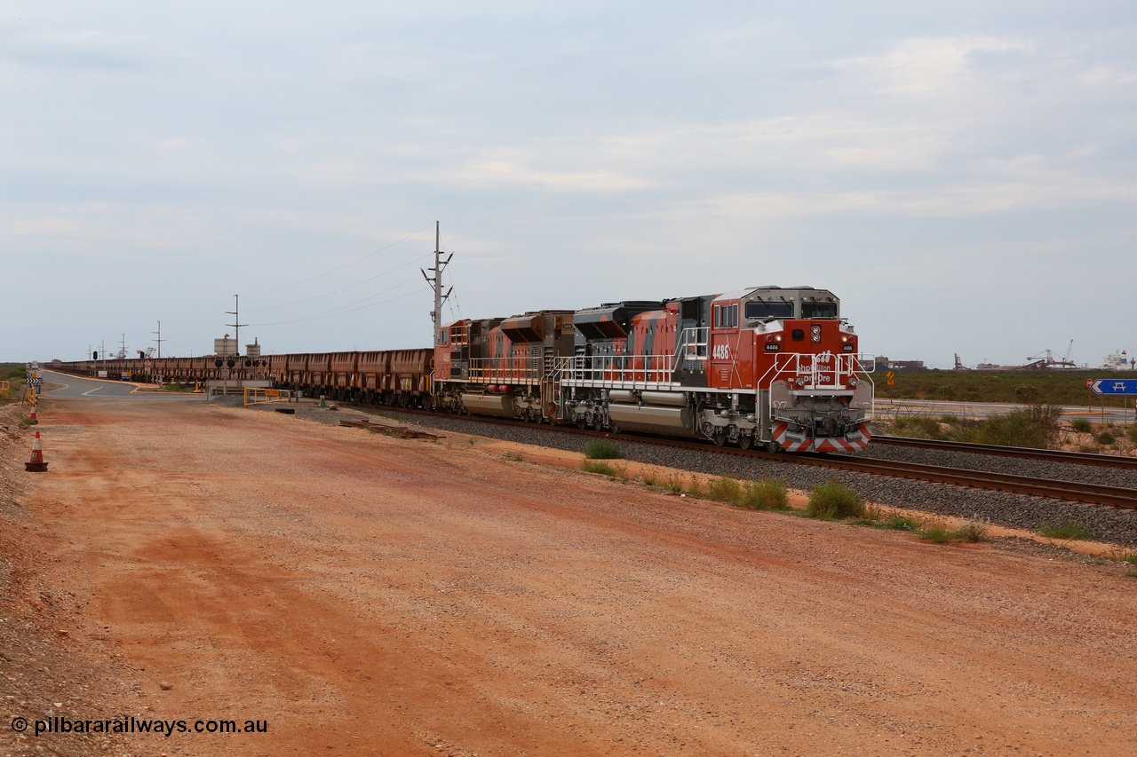 150523 8253
Finucane Island, empty train heading back to Boodarie behind new Progress Rail EMD SD70ACe unit 4486 serial 20148001-019 and an older sibling 4459 serial 20138907-010. Geodata: [url=https://goo.gl/maps/tmYX8NX5dum] -20.3366783 118.5496817 [/url].
Keywords: 4486;Progress-Rail-Muncie-USA;EMD;SD70ACe/LCi;20148001-019;