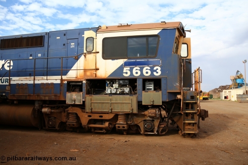 150522 8172
Wedgefield, Sims Metal yard, drivers side cab view with EPIC brake modules visible. Goninan WA rebuild CM40-8M unit 5663 serial 8412-08 / 94-154, this unit was rebuilt without a cab and this cab was later retrofitted, was originally AE Goodwin NSW built ALCo M636 unit 5476 serial C6087-8. Photo of the removed cab can be [url=http://pilbararailways.com.au/gallery/displayimage.php?pid=9261] seen here [/url].
Keywords: 5663;Goninan;GE;CM40-8ML;8412-08/94-154;rebuild;AE-Goodwin;ALCo;M636C;5476;G6047-8;