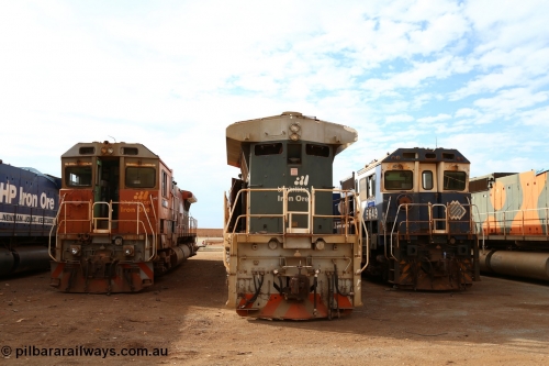 150522 8179
Wedgefield, Sims Metal yard, Goninan WA rebuild CM40-8M units from left, 5635 serial 8151-09/91-121, 5645 serial 8281-11/92-134 and 5649 serial 8412-07 93-140, for full details of these units past lives [url=http://www.pilbararailways.com.au/bhp/loco/bhpb-roster.php] see here [/url].
Keywords: 5635;Goninan;GE;CM40-8M;8151-09/91-121;rebuild;AE-Goodwin;ALCo;C636;5460;G6035-1;