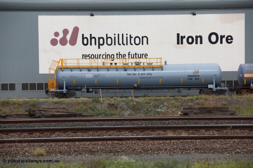 150523 8201
Nelson Point Yard, parked beside the Locomotive Service Shop, BHP Billiton diesel fuel tank waggon 0035 with safety slogan 'Take time to work safety', total capacity of 117 m3 for a nominal capacity of 113 m3 built in China by CNR - QRRS.
Keywords: CNR-QRRS-China;BHP-tank-waggon;