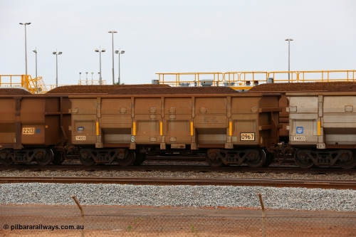 150523 8247
Nelson Point Yard, loaded ore waggon 0967, a CNR built QRRS style waggon built in 2012 out of T4003 stainless steel which does away with the need to paint the waggon interiors to prevent wear. The white circle around the corner from the number indicates the rotary coupler end, the number for this waggon also indicates it is filling a gap in the original waggon numbers. Capacity 138.4 T, Tare 21.6 T and Volume 62 m3.
Keywords: CNR-QRRS-China;BHP-ore-waggon;