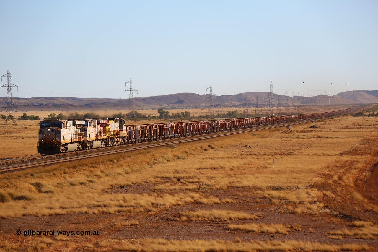 170728 09697
Arches Siding on the Robe line sees empty train behind Rio Tinto 8109 serial 58005 a General Electric built ES44DCi unit with sister 8178 in Rio stripes and stablemate 9433 on approach to the 25 km grade crossing. 28th July 2017. [url=https://goo.gl/maps/qv4eMQ6AbbT2]GeoData[/url].
Keywords: 8109;58005;GE;ES44DCi;