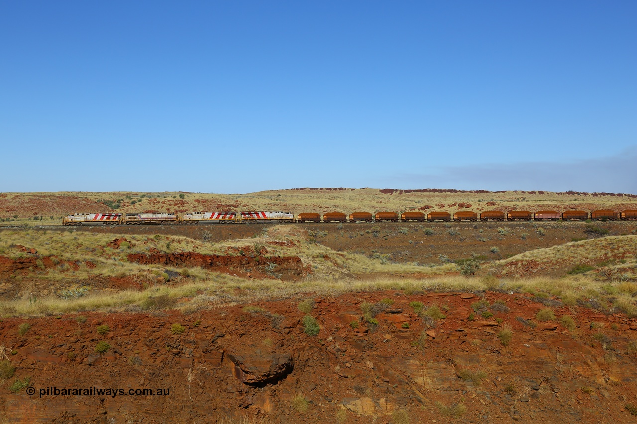 170728 09906
Western Creek, the disabled Mesa A train gets underway with relief power from General Electric built ES44DCi unit 8137 serial 59140 and Dash 9-44CW unit 7082 as the operate the train with the two ES44ACi units isolated. 28th July 2017. [url=https://goo.gl/maps/vvUWXEgppNM2]GeoData[/url].
Keywords: 8137;59140;GE;ES44DCi;