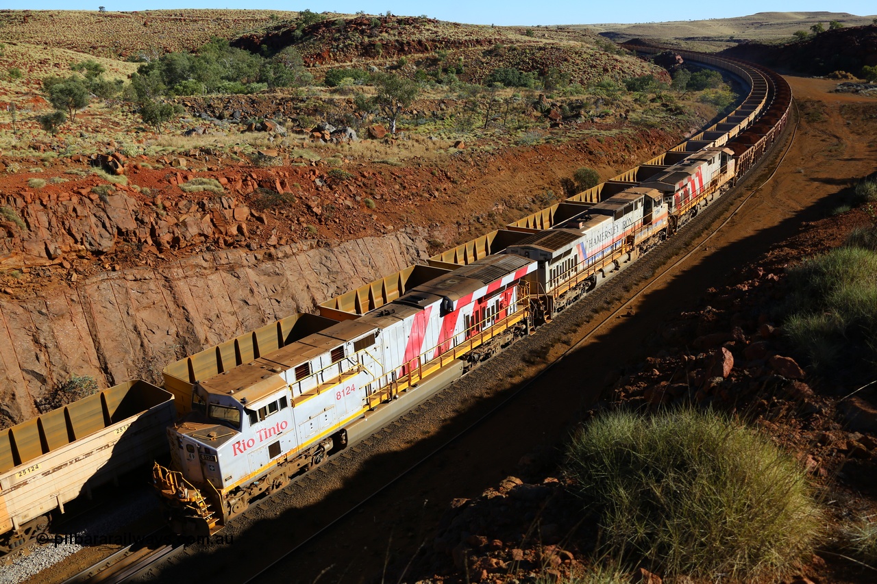 170728 09990
Benson Falls, 91 km curve, as empty train climbs up the steep grade as a loaded screams down the grade under dynamic brakes led by General Electric built ES44DCi unit 8124 serial 59116 in Rio Tinto stripes with a Dash 9-44CW unit 7094 and a sister ES44DCi 8186. 28th July 2017. [url=https://goo.gl/maps/xsJf8gNZHu22]GeoData[/url].
Keywords: 8124;59116;GE;ES44DCi;