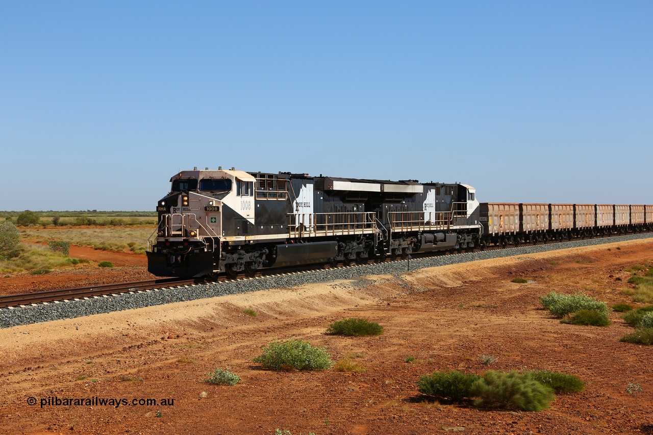 170730 0492
Indee, an empty Roy Hill train rounds the curve at the Indee Rd grade crossing at the 53.3 km behind General Electric built double ES44ACi units RHA 1008 serial 62580 and RHA 1018 with 112 waggons, a mid-train unit and another 112 waggons. 30th July 2017. [url=https://goo.gl/maps/2CQfE4RUoWn]GeoData[/url].
Keywords: RHA-class;RHA1008;62580;GE;ES44ACi;