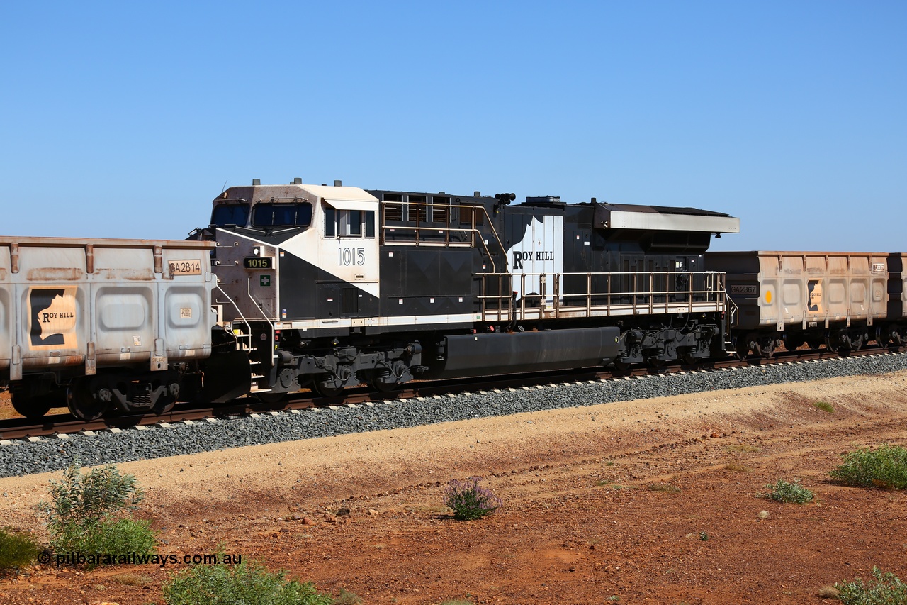 170730 0500
Indee, empty Roy Hill train at the Indee Rd grade crossing at the 53.3 km with mid-train remote General Electric built ES44ACi unit RHA 1015 serial 63826. These mid-train units have 112 waggon before and after. 30th July 2017. [url=https://goo.gl/maps/2CQfE4RUoWn]GeoData[/url].
Keywords: RHA-class;RHA1015;63826;GE;ES44ACi;