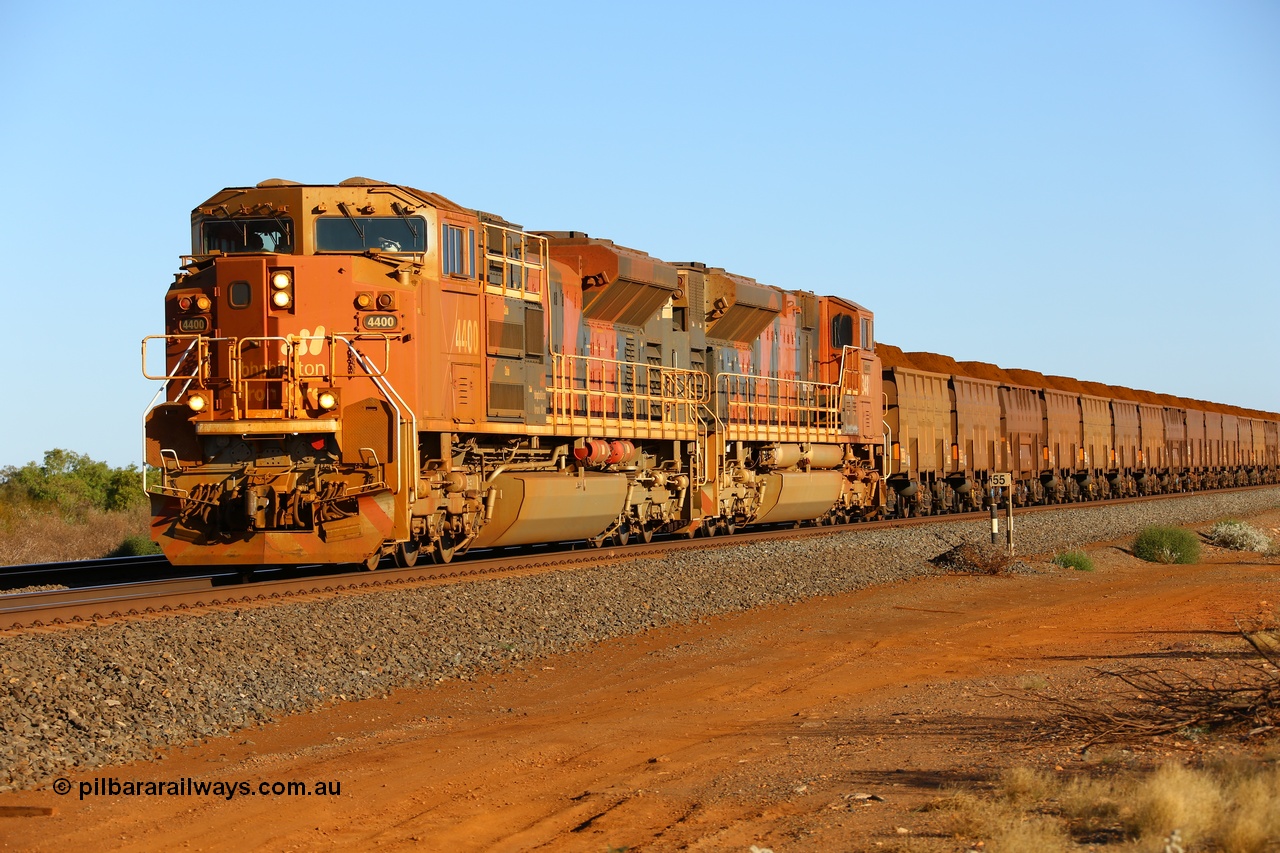 170730 0528
Indee, at the 55 km on the BHP line a loaded train from Yandi is heading north behind Progress Rail Muncie USA built SD70ACe/LCi unit 4400 serial 20118575-010 with second unit 4348. 30th July 2017. [url=https://goo.gl/maps/wGgtxogq8ck]GeoData[/url].
Keywords: 4400;Progress-Rail-Muncie-USA;EMD;SD70ACe/LCi;20118575-010;