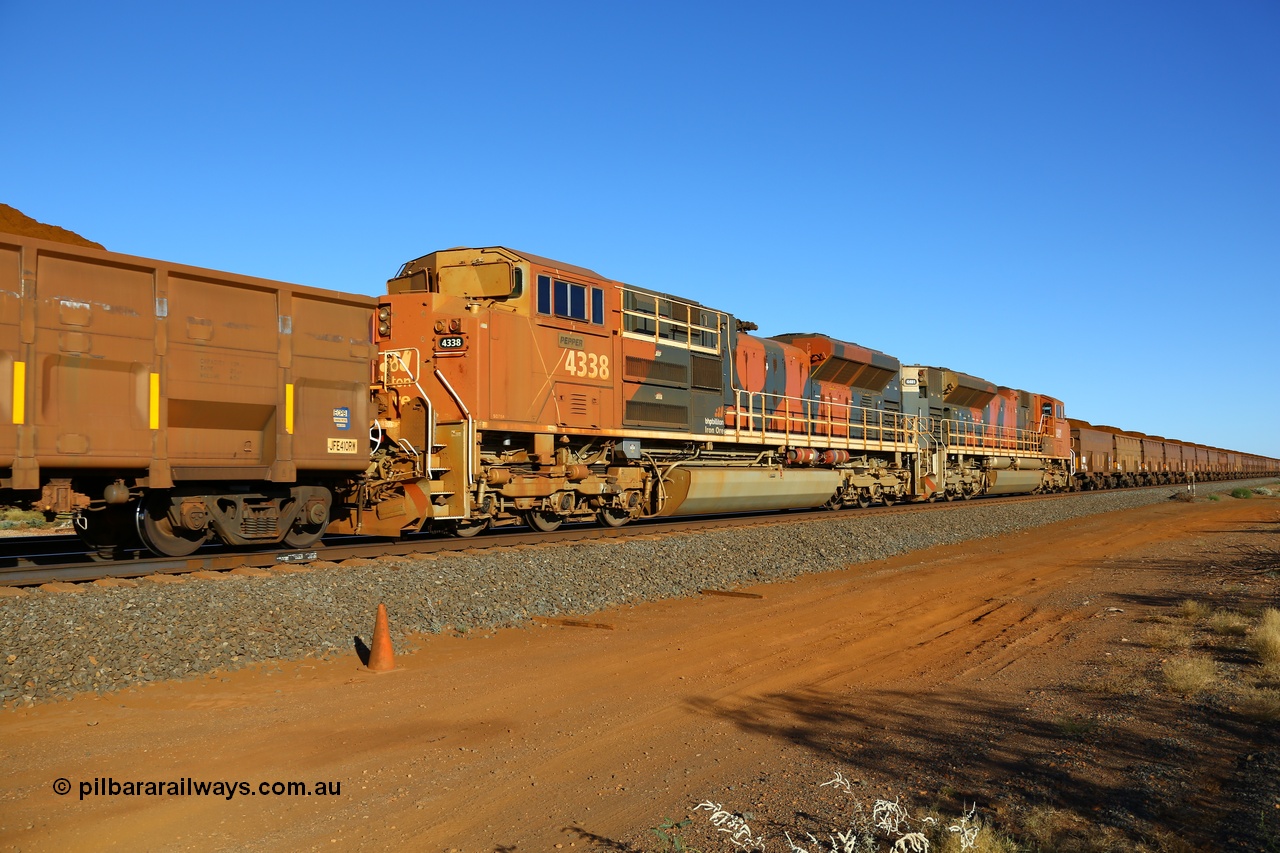 170730 0589
Indee, at the 55 km on the BHP line a loaded train from Yandi is heading north behind mid-train unit Electro-Motive London Ontario built SD70ACe/LC unit 4338 'Pepper' with 4481. 30th July 2017. [url=https://goo.gl/maps/wGgtxogq8ck]GeoData[/url].
Keywords: 4338;Electro-Motive-London-Ontario;EMD;SD70ACe/LC;20078915-005;