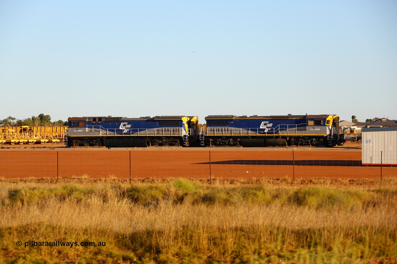 170730 0701
Pippingarra, out near the speedway CFCLA CD class lease units sit stored in between hire jobs in a lay down / hardstand yard. CD 4303 and CD 4305 with CD 4302 and CD 4301 behind them. 30th July 2017. [url=https://goo.gl/maps/w9JxeZYZ4j32]GeoData[/url].
Keywords: CD-class;CD4305;CFCLA;Goninan;GE;CM40-8M;8109-3/91-119;9420;rebuild;ALCo;Schenectady-NY;C630;C+O2103;3486-4;