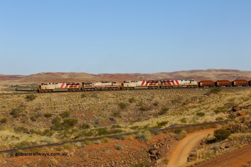 170728 09895
Western Creek, the disabled Mesa A train gets underway with relief power from General Electric built ES44DCi unit 8137 serial 59140 and Dash 9-44CW unit 7082 as the operate the train with the two ES44ACi units isolated. An empty train can be seen climbing the grade up through Emu. July 28, 2017. [url=https://goo.gl/maps/vvUWXEgppNM2]GeoData[/url].
Keywords: 8137;GE;ES44DCi;59140;