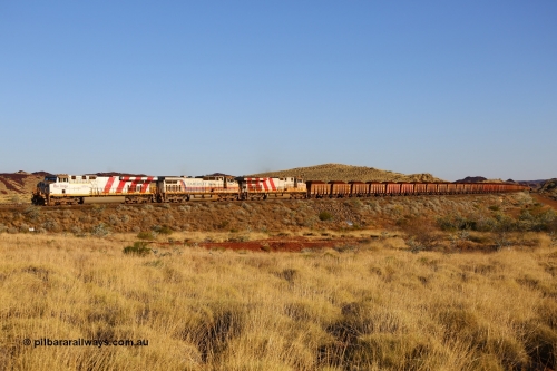 170728 10030
Harding Siding, arriving around the large curve at the 46 km on the Robe line is General Electric built ES44DCi unit 8124 serial 59116 leading Dash 9-44CW unit 7094 and sister ES44DCi unit 8186 with a loaded train from Yandicoogina mine. July 28, 2017. [url=https://goo.gl/maps/UWpdYnq9CzL2]GeoData[/url].
Keywords: 8124;GE;ES44DCi;59116;