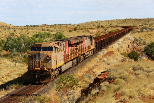 170729 0288
Maitland Siding on the former Robe River line a loaded Deepdale train heading for Cape Lambert behind the standard Rio Tinto motive power for this line, double General Electric built ES44ACi units, 9114 serial 62545 and sister unit 9101 serial 61939 have crossed the 96.2 km grade crossing. July 29, 2017. [url=https://goo.gl/maps/CNgRRqCioHp]GeoData[/url].
Keywords: 9114;GE;ES44ACi;62545;