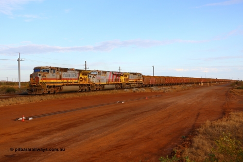 170729 0415
Seven Mile yard, a loaded train departs the yard for Parker Point dumpers behind General Electric built Dash 9-44CW unit 7044 serial 57095 in Pilbara Iron livery with HI reporting marks, ES44DCi unit 8134 in Rio Tinto stripes and another Dash 9-44CW unit 9407 in Pilbara Rail livery with Robe reporting marks. July 29, 2017. [url=https://goo.gl/maps/nSD3qYLHE462]GeoData[/url].
Keywords: 7044;GE;Dash-9-44CW;57095;