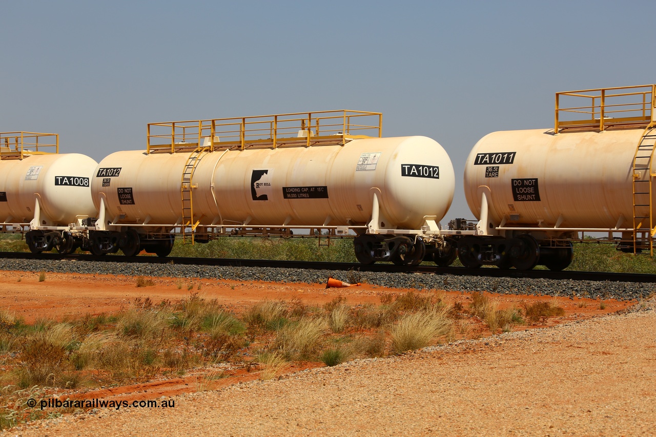 170915 0719
At the 18.2 km as part of the empty Roy Hill fuel train, TA type diesel fuel tank waggon TA 1012 built by CSR Yangtze Rolling Stock Co China with a capacity of 96000 litres. 15th September 2017. [url=https://goo.gl/maps/DR61N4rDVZy]View map here[/url].
Keywords: TA-Type;TA1012;CSR-Yangtze-Rolling-Stock-Co-China;Roy-Hill-Tank-Waggon;