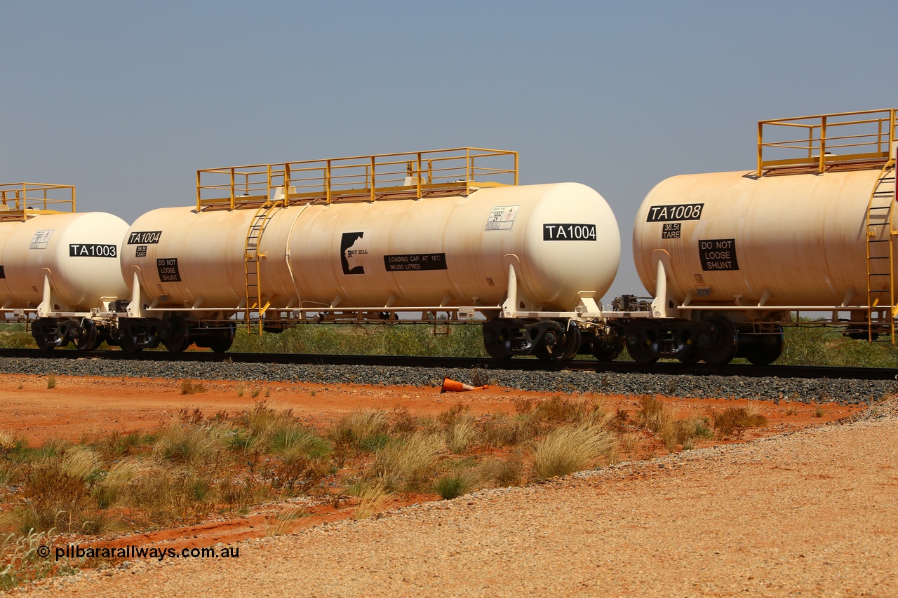 170915 0721
At the 18.2 km as part of the empty Roy Hill fuel train, TA type diesel fuel tank waggon TA 1004 built by CSR Yangtze Rolling Stock Co China with a capacity of 96000 litres. 15th September 2017. [url=https://goo.gl/maps/DR61N4rDVZy]View map here[/url].
Keywords: TA-Type;TA1004;CSR-Yangtze-Rolling-Stock-Co-China;Roy-Hill-Tank-Waggon;