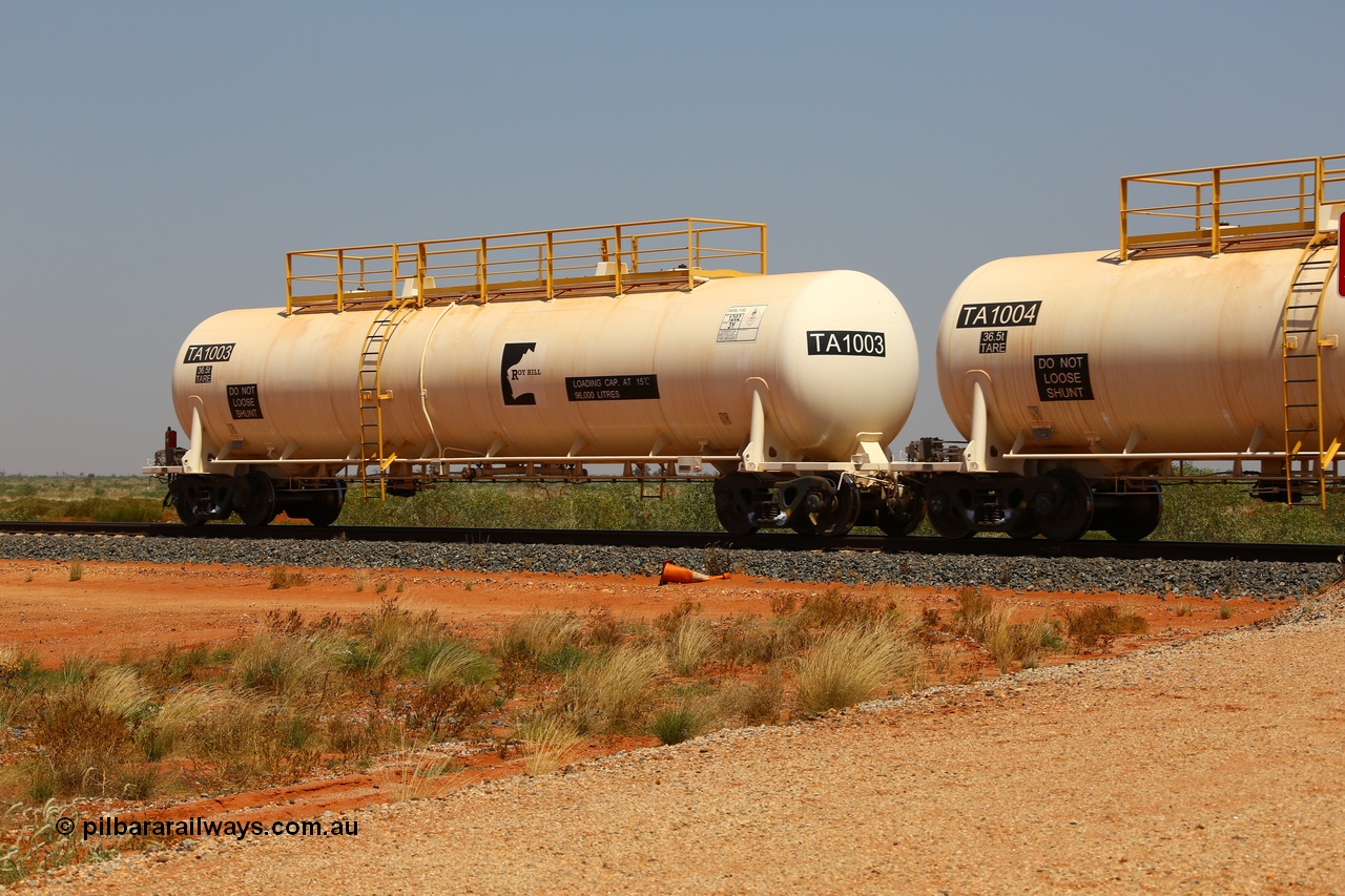 170915 0722
At the 18.2 km as part of the empty Roy Hill fuel train, TA type diesel fuel tank waggon TA 1003 built by CSR Yangtze Rolling Stock Co China with a capacity of 96000 litres. 15th September 2017. [url=https://goo.gl/maps/DR61N4rDVZy]View map here[/url].
Keywords: TA-Type;TA1003;CSR-Yangtze-Rolling-Stock-Co-China;Roy-Hill-Tank-Waggon;