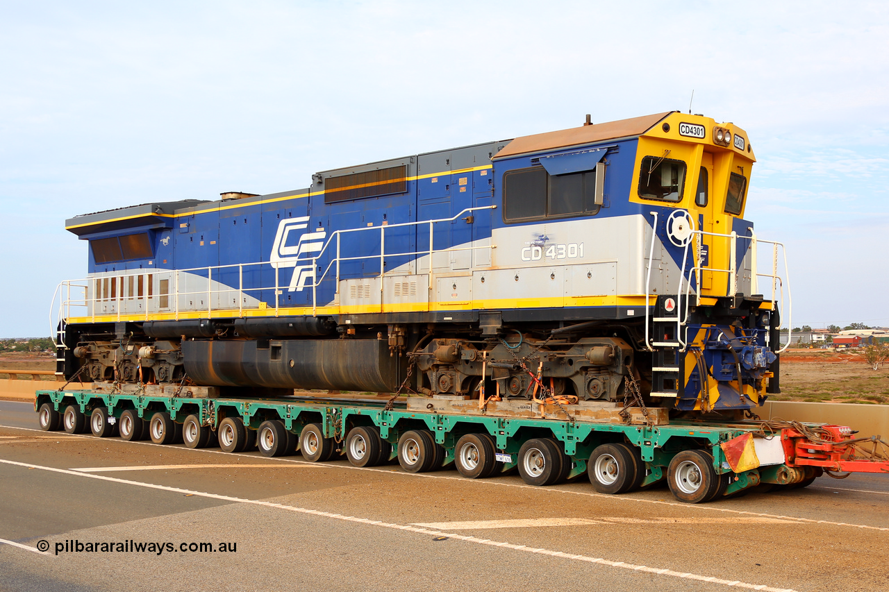 171204 1017r
Boodarie, BHP over bridge, CFCLA's Goninan ALCo to GE rebuild CM40-8M locomotive CD 4301 serial 2160-03 / 96-202, was originally Mt Newman Mining's Comeng NSW built ALCo M636 serial C6104-1 #5500, then Robe River unit 9410 before going to CFCLA in 2012. Be being delivered to Roy Hill's flash butt yard by Doolan's Heavy Haulage. 4th December 2017. [url=https://goo.gl/maps/qWvF1XtD3GN2]View map here[/url].
Keywords: CD-class;CD4301;CFCLA;Goninan;GE;CM40-8M;2160-03/96-202;rebuild;Comeng-NSW;ALCo;M636;9410;C6104-1;