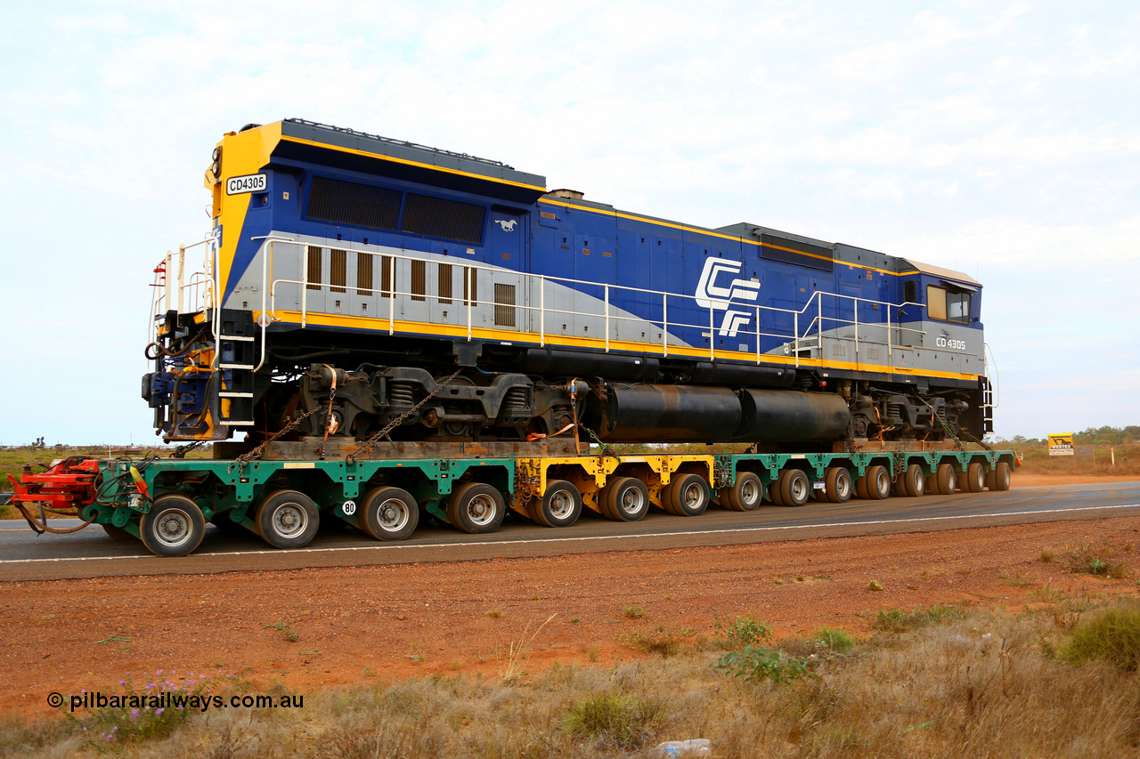 171204 1045r
Great Northern Highway, Twelve Mile Creek Rd CFCLA's Goninan ALCo to GE rebuild CM40-8M locomotive CD 4305 serial 8109-3/91-119 was originally Chesapeake & Ohio (USA) ALCo C630 serial 3486-4 #2103, then Robe River unit 9420 before going to CFCLA in 2012. Being transported to Roy Hill's flash butt yard by Doolan's Heavy Haulage. 4th December 2017. [url=https://goo.gl/maps/DSDSuorCwto]View map here[/url].
Keywords: CD-class;CD4305;CFCLA;Goninan;GE;CM40-8M;8109-3/91-119;9420;rebuild;ALCo;Schenectady-NY;C630;C+O2103;3486-4;