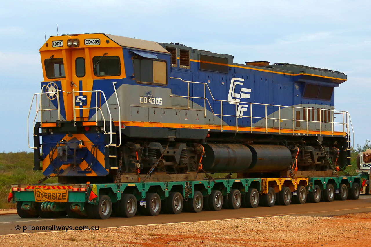 171204 1086r
CFCLA's Goninan ALCo to GE rebuild CM40-8M locomotive CD 4305, serial 8109-3/91-119 was originally Chesapeake & Ohio (USA) ALCo C630 serial 3486-4 #2103, then Robe River unit 9420 before going to CFCLA in 2012. Seen here on the access road while being transported to Roy Hill's flash butt yard by Doolan's Heavy Haulage, 4th December 2017. [url=https://goo.gl/maps/AvNLvqFCuJx]View map here[/url].
Keywords: CD-class;CD4305;CFCLA;Goninan;GE;CM40-8M;8109-3/91-119;9420;rebuild;ALCo;Schenectady-NY;C630;C+O2103;3486-4;