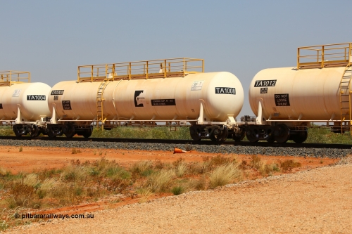 170915 0720
At the 18.2 km as part of the empty Roy Hill fuel train, TA type diesel fuel tank waggon TA 1008 built by CSR Yangtze Rolling Stock Co China with a capacity of 96000 litres. 15th September 2017. [url=https://goo.gl/maps/DR61N4rDVZy]View map here[/url].
Keywords: TA-Type;TA1008;CSR-Yangtze-Rolling-Stock-Co-China;Roy-Hill-Tank-Waggon;