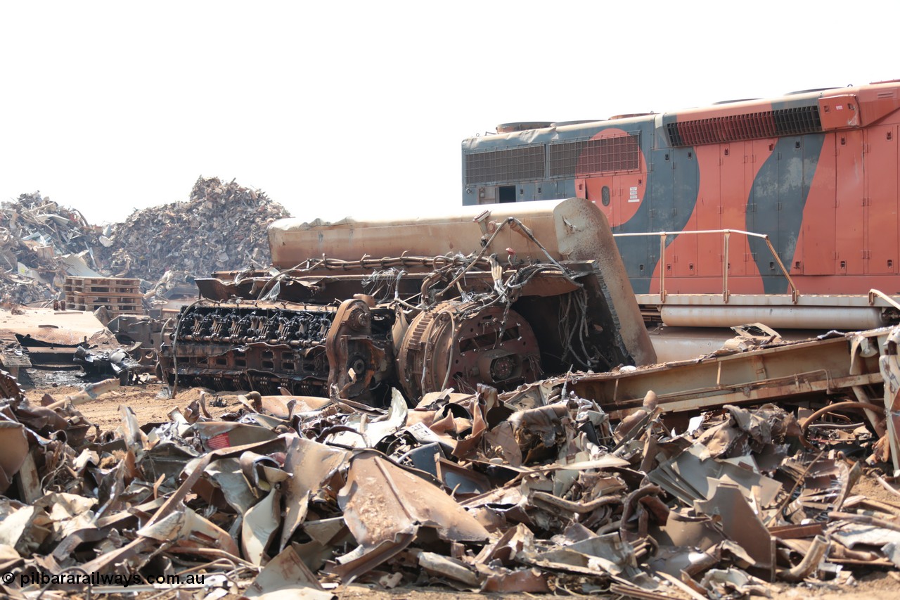 141027 5838
Wedgefield, Sell and Parker's metal recycling yard, view of and EMD SD40R unit primer mover 645 EMD engine, alternator and fuel tank tipped on its side.
