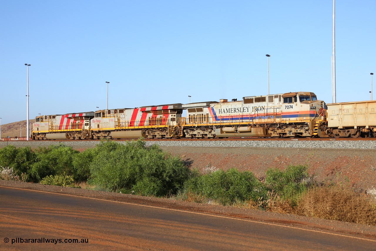 151111 9479
Cape Lambert Yard, empty train with motive power in the form of General Electric ES44DCi units 8160 and 8193 serials 60224 and 61852 and General Electric Dash 9-44CW 7074 serial 47743.
Keywords: 8160;GE;ES44DCi;60224;