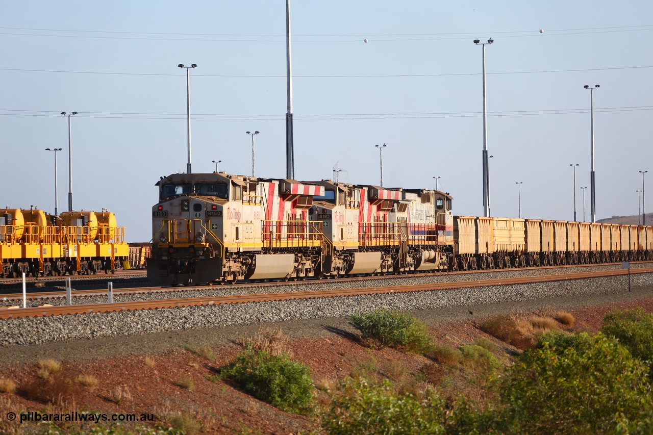 151111 9484
Cape Lambert Yard, empty train with motive power of General Electric ES44DCi units 8160 and 8193 serials 60224 and 61852 and General Electric Dash 9-44CW 7074 serial 47743 waiting to depart and compressor car sets CB 13 and CB 16.
Keywords: 8160;GE;ES44DCi;60224;