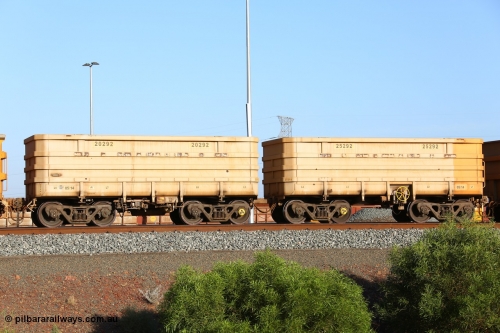 151111 9481
Cape Lambert Yard, Chinese built Bradken ore cars, control car 20292 and slave car 25292.
Keywords: 20292;B-series;Bradken-China;Rio-ore-waggon;