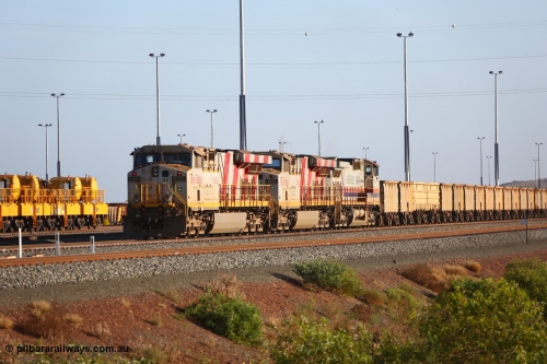 151111 9484
Cape Lambert Yard, empty train with motive power of General Electric ES44DCi units 8160 and 8193 serials 60224 and 61852 and General Electric Dash 9-44CW 7074 serial 47743 waiting to depart and compressor car sets CB 13 and CB 16.
Keywords: 8160;GE;ES44DCi;60224;