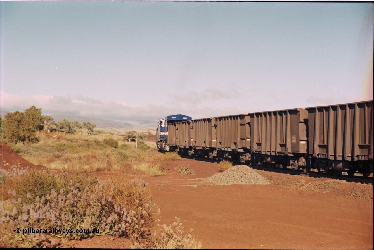 207-03
Yandi One balloon loop, Comeng WA built ore waggon 1442 coupled to a Goninan style waggon 4146 on the empty side of the load-out tunnel, August 1999.
Keywords: 1442;Comeng-WA;BHP-ore-waggon;