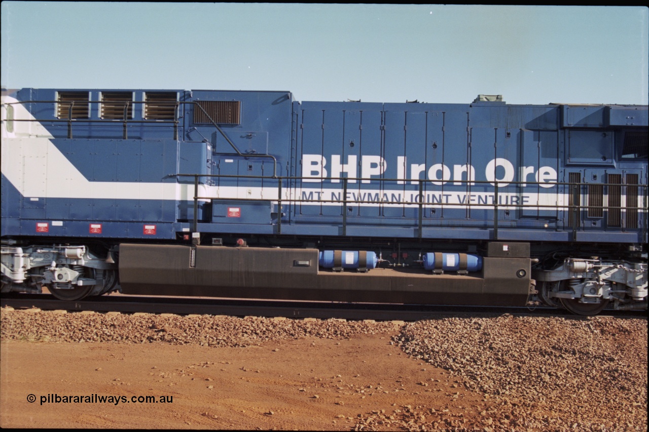 207-10
BHP General Electric built AC6000 unit 6074 serial 51066, brand new and unnamed at Yandi One load-out loop as a remote mid-train unit, view of inverter, fuel tank and engine hood.
Keywords: 6074;GE;AC6000;51066;