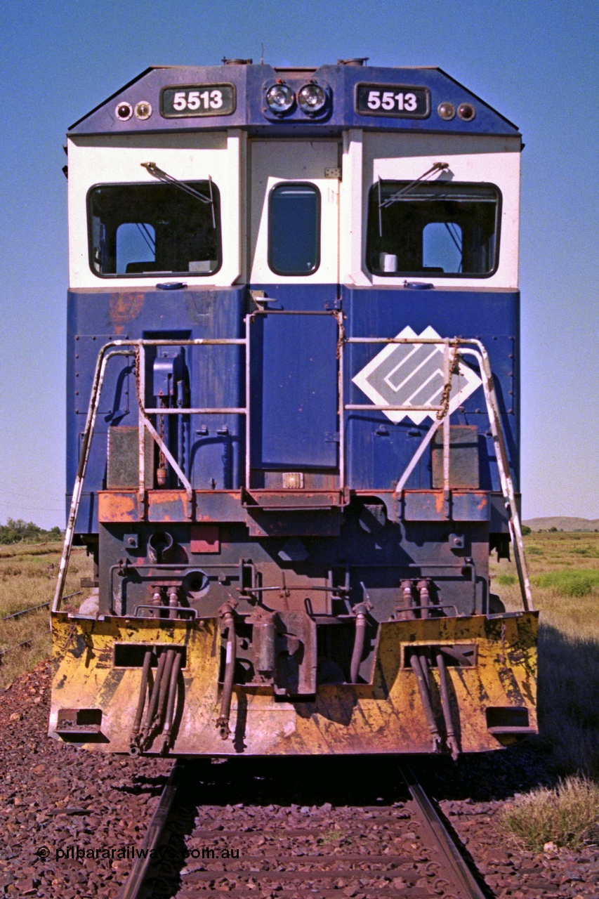 207-22
Hardie Siding, BHP locomotive 5513 is the final member of Goninan rebuilds from ALCo C636 5453 into a GE C36-7M unit 5513 serial 4839-02 / 88-078, cab front view.
Keywords: 5513;Goninan;GE;C36-7M;4839-02/88-078;rebuild;AE-Goodwin;ALCo;C636;5453;G6012-2;