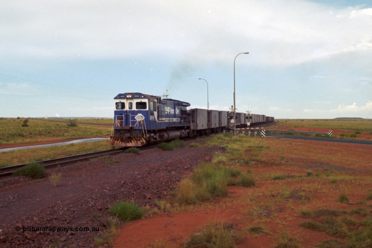218-24
De Grey, Great Northern Highway grade crossing at the 57.15 km a loaded GML train behind an original Mt Newman Mining ALCo C636 5458 to GE C36-7M rebuild carried out by Goninan unit 5510 'Newman' serial 4839-07 / 87-075.
Keywords: 5510;Goninan;GE;C36-7M;4839-07/87-075;rebuild;AE-Goodwin;ALCO;C636;5458;G6027-2;
