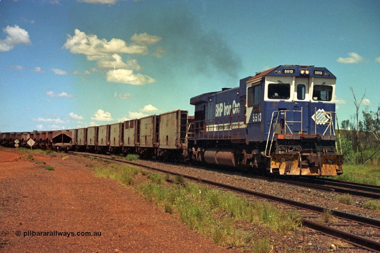 219-34
Goldsworthy Siding, a loaded train powers along the mainline behind BHP C36-7M unit 5513 'Kalgan' serial 4839-02 / 88-078, an original Mt Newman Mining ALCo C636 5453 to GE C36-7M rebuild carried out by Goninan.
Keywords: 5513;Goninan;GE;C36-7M;4839-02/88-078;rebuild;AE-Goodwin;ALCo;C636;5453;G6012-2;